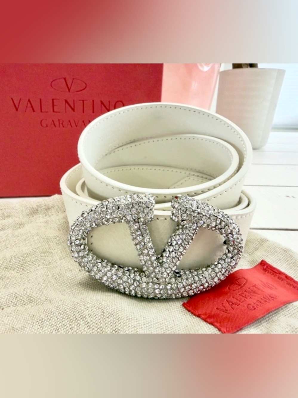 Valentino Garavani Ivory Leather Belt w Crystal V Logo Buckle